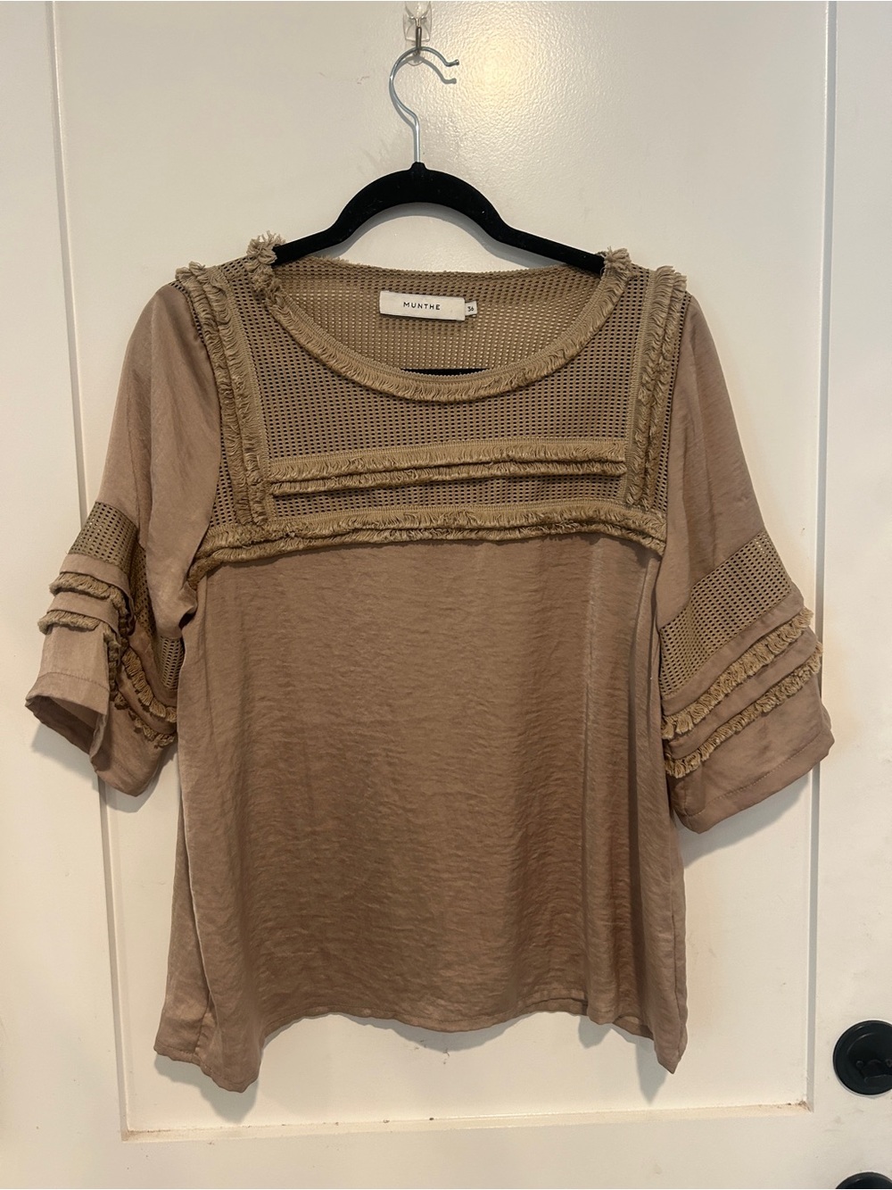 Munthe Taupe Fringe Trim Mesh Yoke Women’s Top size 36 (equivalent to a medium)